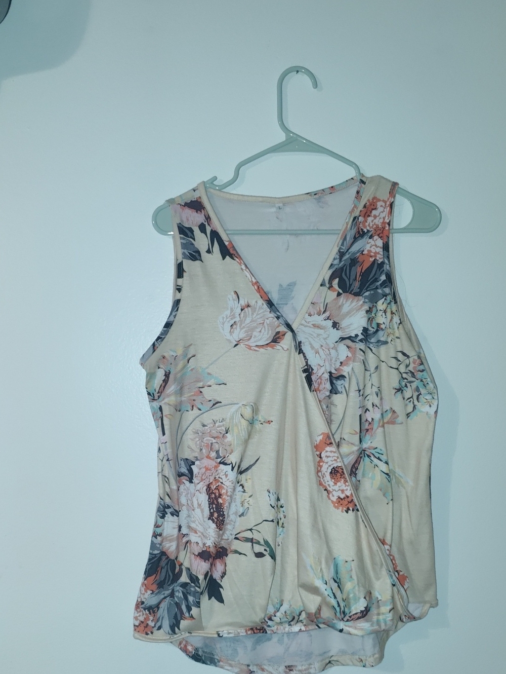 Source Unknown Beige Floral Faux-Wrap Camisole with Coral & Teal Accents